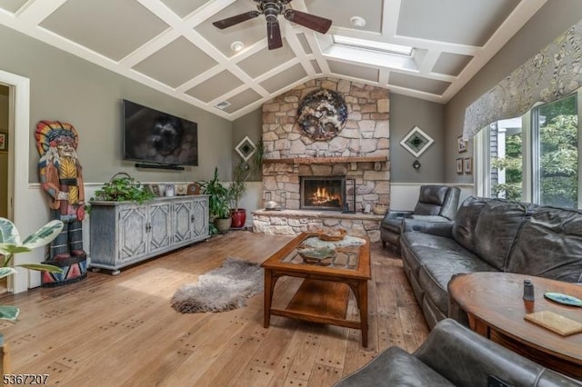 1117 Califon Cokesbury Rd, Lebanon Twp, NJ 08833 - living area featuring hardwood / wood-style floors, ceiling fan, a stone fireplace, and vaulted ceiling