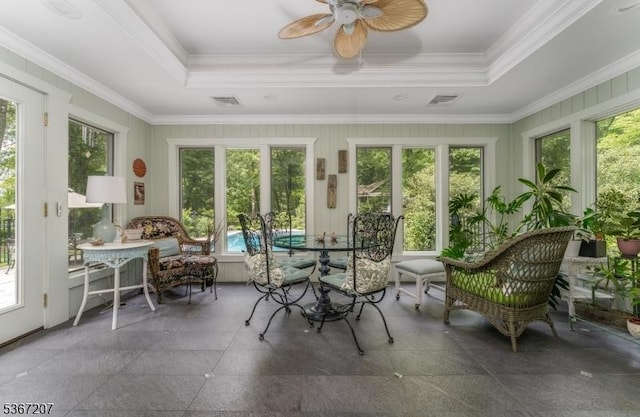 1117 Califon Cokesbury Rd, Lebanon Twp, NJ 08833 - sunroom featuring healthy amount of natural light, a tray ceiling, granite floors, and crown molding