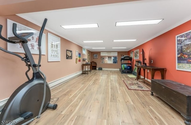 1117 Califon Cokesbury Rd, Lebanon Twp, NJ 08833 - exercise area with light wood-style floors, crown molding, and a baseboard radiator