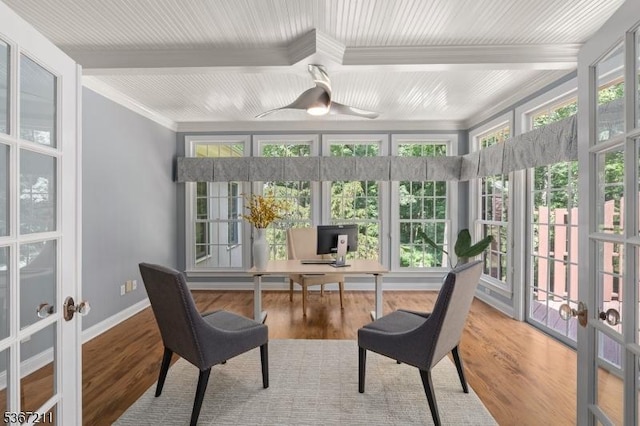 5 Mcvickers Ln, Mendham Twp, NJ 07945 - office area with french doors, beam ceiling, wood finished floors, crown molding, and a ceiling fan