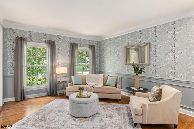 5 Mcvickers Ln, Mendham Twp, NJ 07945 - living room with crown molding, wood finished floors, and wainscoting