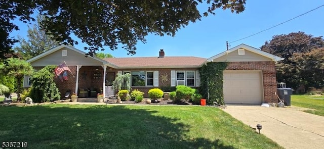 301 Ohio Ave, Pohatcong Twp, NJ 08865 - ranch-style home with brick siding, an attached garage, a front yard, driveway, and a chimney