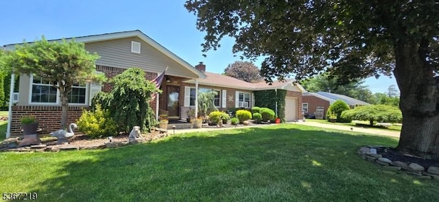 301 Ohio Ave, Pohatcong Twp, NJ 08865 - ranch-style home with an attached garage, a front lawn, brick siding, and a chimney