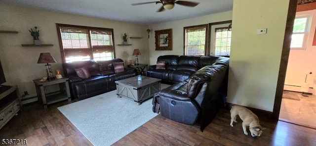 301 Ohio Ave, Pohatcong Twp, NJ 08865 - living area with ceiling fan, plenty of natural light, dark wood-style flooring, and baseboard heating