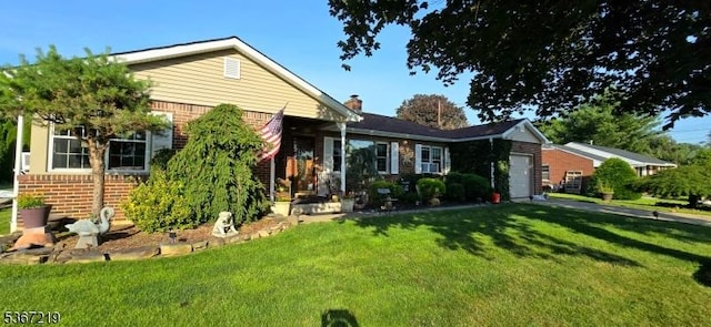 301 Ohio Ave, Pohatcong Twp, NJ 08865 - view of front of house featuring brick siding, an attached garage, a front yard, and a chimney