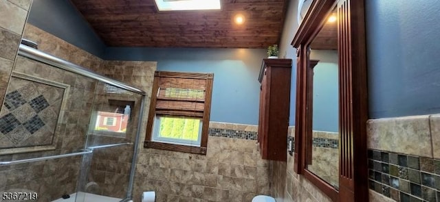 301 Ohio Ave, Pohatcong Twp, NJ 08865 - full bath featuring tile walls, combined bath / shower with glass door, wainscoting, wooden ceiling, and vaulted ceiling
