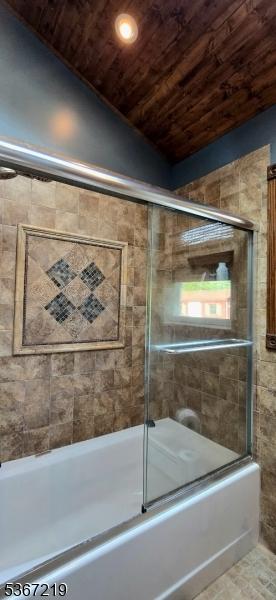 301 Ohio Ave, Pohatcong Twp, NJ 08865 - bathroom featuring wood ceiling, shower / bath combination with glass door, lofted ceiling, and recessed lighting