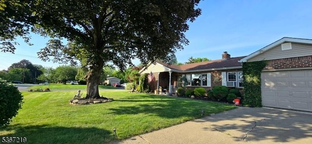 301 Ohio Ave, Pohatcong Twp, NJ 08865 - view of front facade featuring a garage, a front lawn, a chimney, driveway, and brick siding