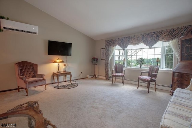 1 Lackawanna Trl, Hopatcong Boro, NJ 07843 - sitting room with a wall mounted AC, lofted ceiling, carpet floors, and a baseboard radiator