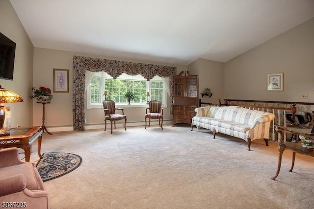 1 Lackawanna Trl, Hopatcong Boro, NJ 07843 - living area featuring carpet, vaulted ceiling, and a baseboard radiator