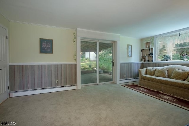 1 Lackawanna Trl, Hopatcong Boro, NJ 07843 - carpeted living room featuring a baseboard radiator, wainscoting, healthy amount of natural light, and crown molding