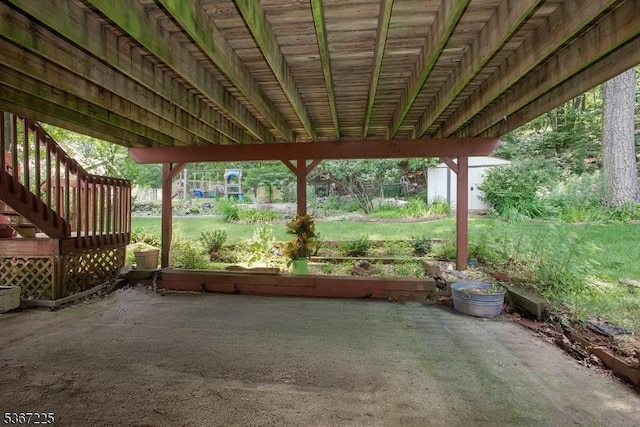 1 Lackawanna Trl, Hopatcong Boro, NJ 07843 - view of patio / terrace featuring a storage unit and stairway