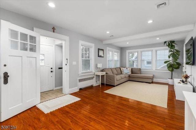 188 Wheaton Pl, Rutherford Boro, NJ 07070 - entryway with radiator heating unit, wood finished floors, recessed lighting, and beam ceiling