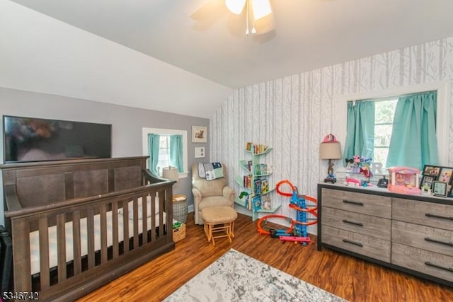 28 Middle Valley Rd, Washington Twp, NJ 07853 - bedroom featuring wood finished floors, vaulted ceiling, wallpapered walls, and a ceiling fan