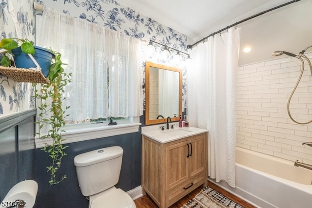 28 Middle Valley Rd, Washington Twp, NJ 07853 - bathroom with vanity, shower / bath combo with shower curtain, wood finished floors, and wallpapered walls
