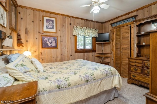 2 Hazelnut Dr, Hampton Twp, NJ 07860 - bedroom with carpet floors, wooden walls, and a ceiling fan
