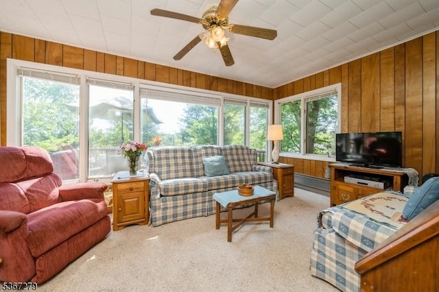 2 Hazelnut Dr, Hampton Twp, NJ 07860 - living area with a ceiling fan, light colored carpet, and wooden walls