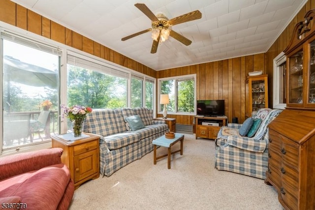 2 Hazelnut Dr, Hampton Twp, NJ 07860 - living area featuring a ceiling fan, light colored carpet, and wood walls