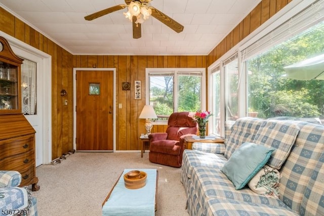 2 Hazelnut Dr, Hampton Twp, NJ 07860 - living area with ceiling fan, carpet floors, and wooden walls