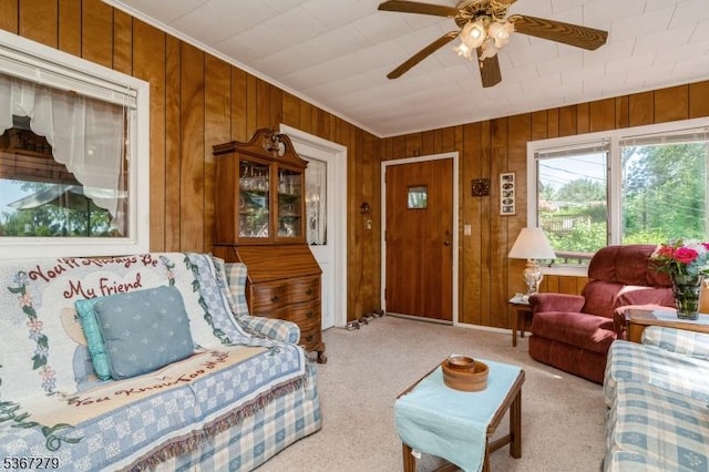 2 Hazelnut Dr, Hampton Twp, NJ 07860 - carpeted living room featuring wooden walls, ceiling fan, and crown molding