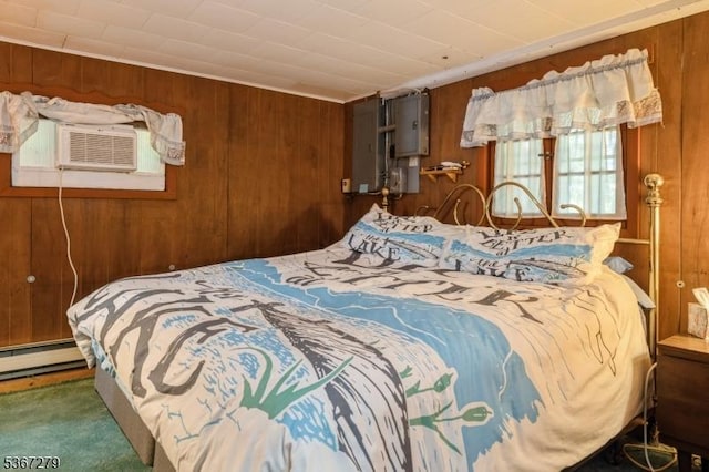 2 Hazelnut Dr, Hampton Twp, NJ 07860 - carpeted bedroom featuring wood walls, a baseboard heating unit, and cooling unit