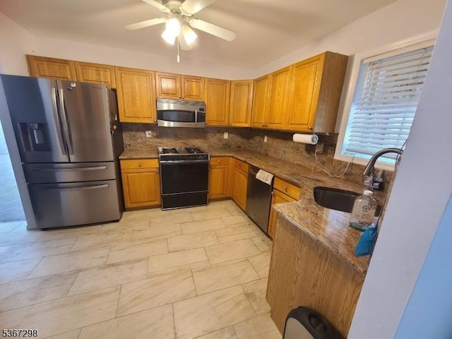32 Berkeley Sq, Watchung Boro, NJ 07922 - kitchen with appliances with stainless steel finishes, ceiling fan, stone counters, and backsplash