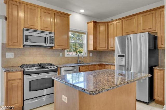 6 Bowers Dr, Allamuchy Twp, NJ 07840 - kitchen featuring stainless steel appliances, stone counters, a center island, decorative backsplash, and recessed lighting
