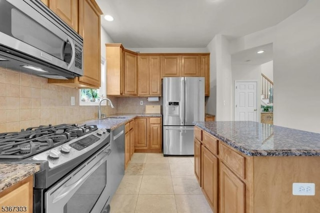 6 Bowers Dr, Allamuchy Twp, NJ 07840 - kitchen featuring stainless steel appliances, dark stone countertops, backsplash, and recessed lighting