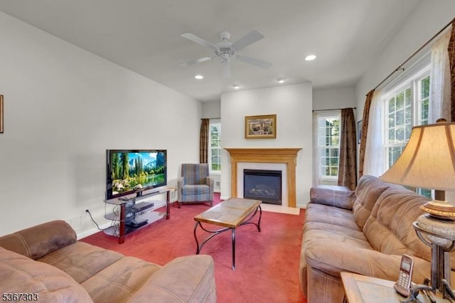 6 Bowers Dr, Allamuchy Twp, NJ 07840 - living area with plenty of natural light, a ceiling fan, recessed lighting, carpet floors, and a fireplace with flush hearth