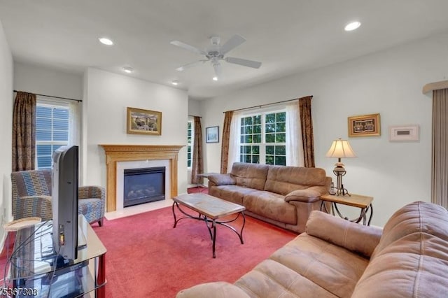 6 Bowers Dr, Allamuchy Twp, NJ 07840 - living room featuring ceiling fan, recessed lighting, and a glass covered fireplace