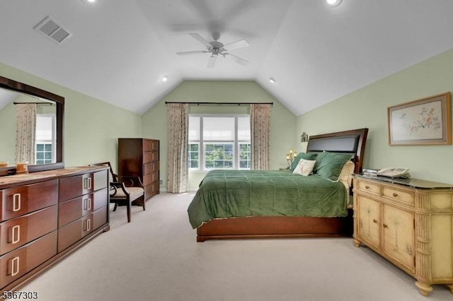 6 Bowers Dr, Allamuchy Twp, NJ 07840 - bedroom with light carpet, vaulted ceiling, recessed lighting, and a ceiling fan