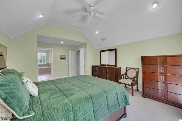 6 Bowers Dr, Allamuchy Twp, NJ 07840 - bedroom with vaulted ceiling, light colored carpet, recessed lighting, connected bathroom, and a ceiling fan