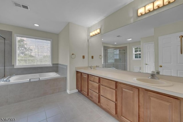 6 Bowers Dr, Allamuchy Twp, NJ 07840 - bathroom with double vanity, tile patterned flooring, a stall shower, and a garden tub