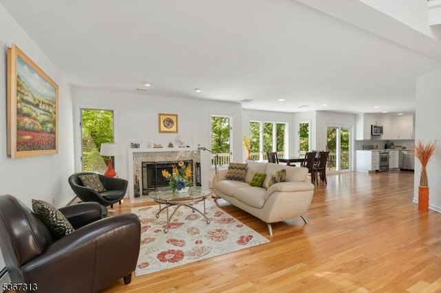 129 W Lake Shore Dr, Rockaway Twp, NJ 07866 - living room featuring healthy amount of natural light, light wood-style floors, a premium fireplace, and recessed lighting