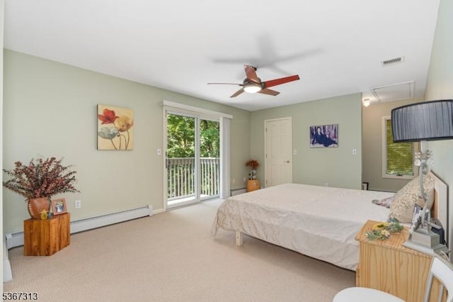129 W Lake Shore Dr, Rockaway Twp, NJ 07866 - bedroom featuring a baseboard heating unit, access to exterior, carpet flooring, attic access, and a ceiling fan