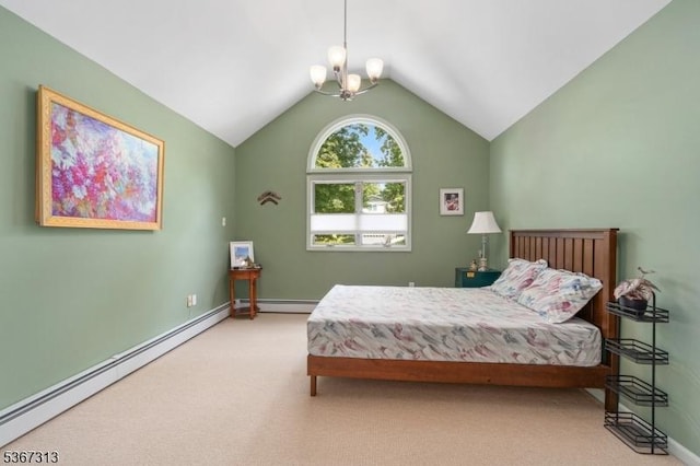 129 W Lake Shore Dr, Rockaway Twp, NJ 07866 - bedroom with a baseboard radiator, carpet flooring, vaulted ceiling, and a chandelier