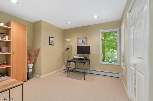 129 W Lake Shore Dr, Rockaway Twp, NJ 07866 - carpeted home office featuring a baseboard radiator and recessed lighting