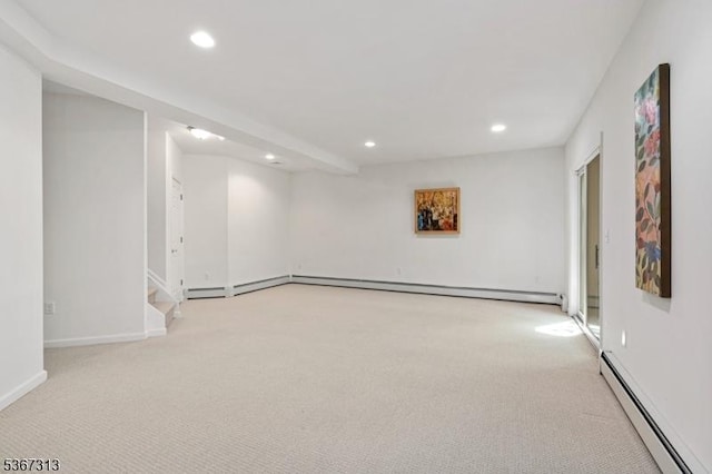 129 W Lake Shore Dr, Rockaway Twp, NJ 07866 - basement featuring a baseboard radiator, light carpet, recessed lighting, and stairway