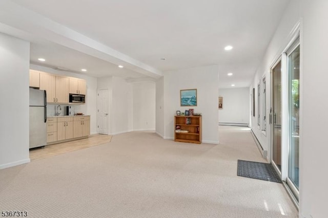 129 W Lake Shore Dr, Rockaway Twp, NJ 07866 - unfurnished living room with light carpet, recessed lighting, and a baseboard heating unit
