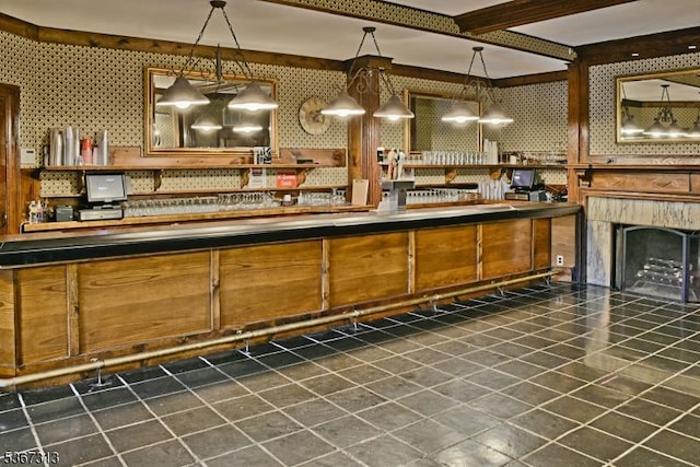 129 W Lake Shore Dr, Rockaway Twp, NJ 07866 - kitchen featuring tile patterned floors, a chandelier, and a fireplace