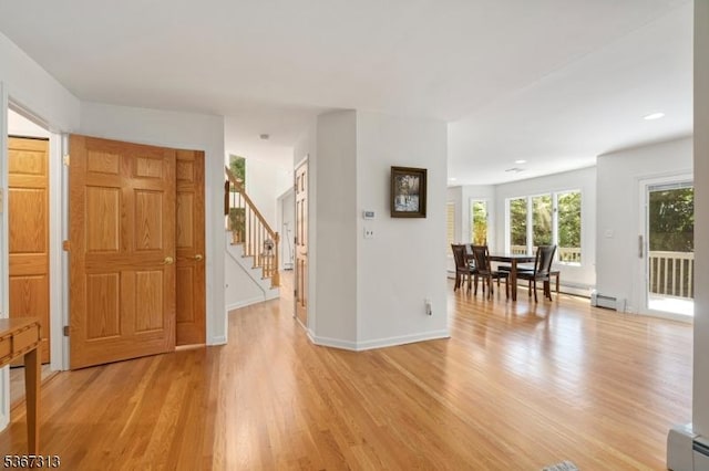 129 W Lake Shore Dr, Rockaway Twp, NJ 07866 - entrance foyer featuring light wood-style flooring, stairway, a baseboard heating unit, and recessed lighting