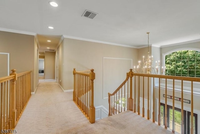 3 Mackenzie Ct, Sparta Twp, NJ 07871 - corridor with an upstairs landing, recessed lighting, a chandelier, ornamental molding, and carpet