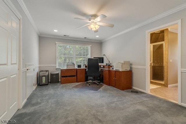 3 Mackenzie Ct, Sparta Twp, NJ 07871 - home office with ceiling fan, carpet flooring, ornamental molding, and recessed lighting