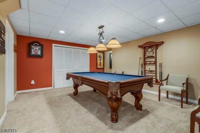 3 Mackenzie Ct, Sparta Twp, NJ 07871 - playroom featuring carpet floors, billiards, a drop ceiling, and recessed lighting