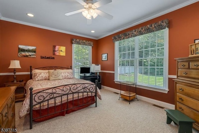 3 Mackenzie Ct, Sparta Twp, NJ 07871 - bedroom featuring crown molding, light carpet, recessed lighting, and a ceiling fan