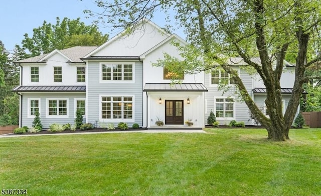 211 Spencer Rd, Bernards Twp, NJ 07920 - back of property with a standing seam roof, french doors, and a metal roof