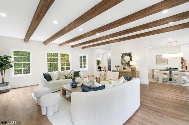 211 Spencer Rd, Bernards Twp, NJ 07920 - living room featuring recessed lighting, light wood finished floors, healthy amount of natural light, and beamed ceiling