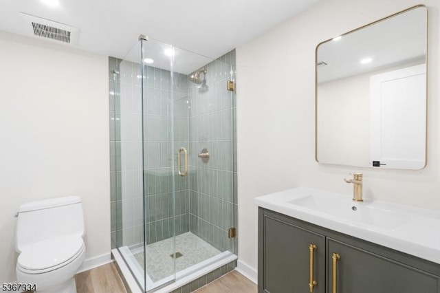 211 Spencer Rd, Bernards Twp, NJ 07920 - full bath with vanity, a stall shower, wood finished floors, and recessed lighting