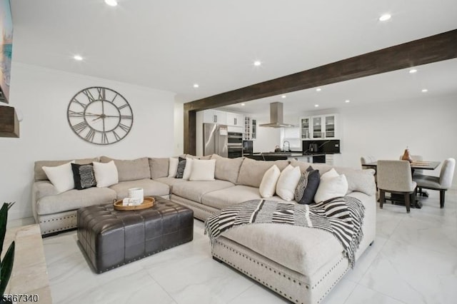 28 Sanford Ave, Belleville Twp, NJ 07109 - living area with recessed lighting, light marble finish flooring, and beamed ceiling