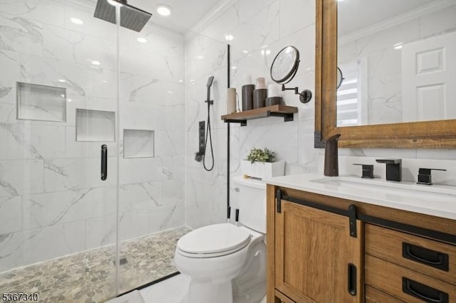 28 Sanford Ave, Belleville Twp, NJ 07109 - full bathroom with crown molding, vanity, a marble finish shower, and marble finish floors